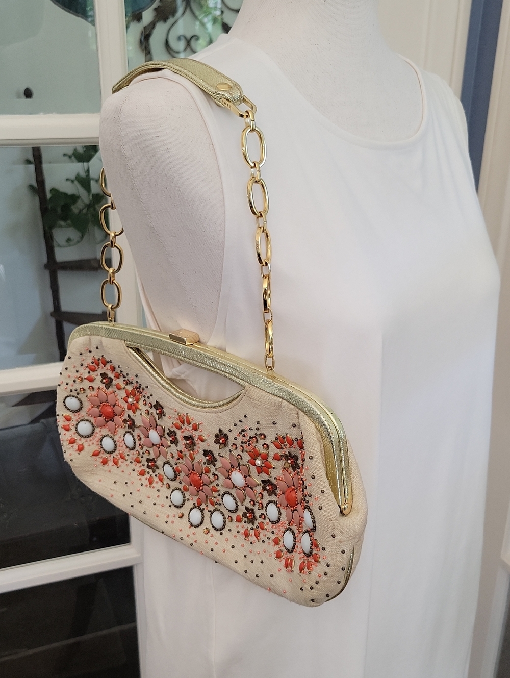 RAFE Canvas Coral and Ivory Floral Beaded Bag